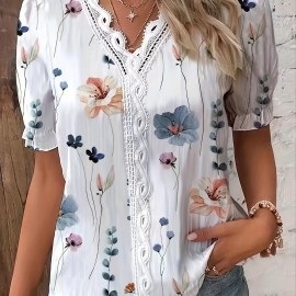 Floral Print V Neck Lace Trim Blouse, Boho Puff Sleeve Blouse For Summer, Women's Clothing Floral Print V Neck Lace Trim Blouse, Boho Puff Sleeve Blouse For Summer, Women's Clothing