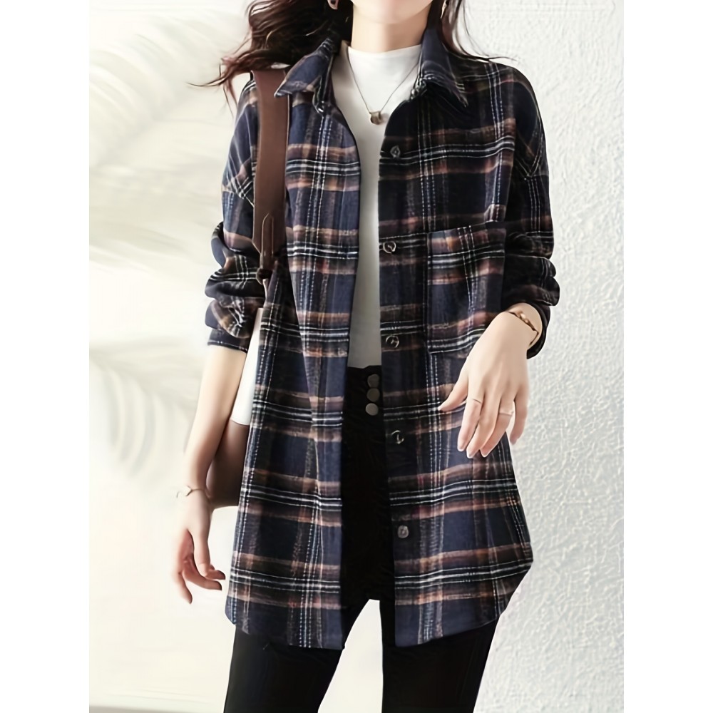 Plaid Print Button Front Shirt, Elegant Long Sleeve Lapel Shirt, Women's Clothing Plaid Print Button Front Shirt, Elegant Long Sleeve Lapel Shirt, Women's Clothing