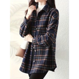 Plaid Print Button Front Shirt, Elegant Long Sleeve Lapel Shirt, Women's Clothing Plaid Print Button Front Shirt, Elegant Long Sleeve Lapel Shirt, Women's Clothing