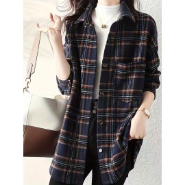 Plaid Print Button Front Shirt, Elegant Long Sleeve Lapel Shirt, Women's Clothing Plaid Print Button Front Shirt, Elegant Long Sleeve Lapel Shirt, Women's Clothing
