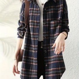 Plaid Print Button Front Shirt, Elegant Long Sleeve Lapel Shirt, Women's Clothing Plaid Print Button Front Shirt, Elegant Long Sleeve Lapel Shirt, Women's Clothing