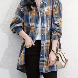 Plaid Print Button Front Shirt, Elegant Long Sleeve Lapel Shirt, Women's Clothing Plaid Print Button Front Shirt, Elegant Long Sleeve Lapel Shirt, Women's Clothing