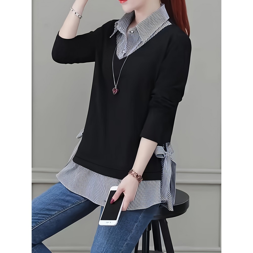 Striped Print Faux Twinset Blouse, Casual Long Sleeve Knot Hem Blouse For Spring & Fall, Women's Clothing Striped Print Faux Twinset Blouse, Casual Long Sleeve Knot Hem Blouse For Spring & Fall, Women's Clothing