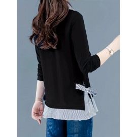 Striped Print Faux Twinset Blouse, Casual Long Sleeve Knot Hem Blouse For Spring & Fall, Women's Clothing Striped Print Faux Twinset Blouse, Casual Long Sleeve Knot Hem Blouse For Spring & Fall, Women's Clothing