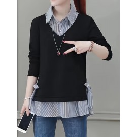 Striped Print Faux Twinset Blouse, Casual Long Sleeve Knot Hem Blouse For Spring & Fall, Women's Clothing Striped Print Faux Twinset Blouse, Casual Long Sleeve Knot Hem Blouse For Spring & Fall, Women's Clothing