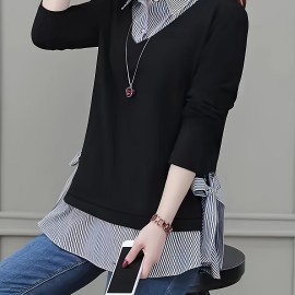 Striped Print Faux Twinset Blouse, Casual Long Sleeve Knot Hem Blouse For Spring & Fall, Women's Clothing Striped Print Faux Twinset Blouse, Casual Long Sleeve Knot Hem Blouse For Spring & Fall, Women's Clothing