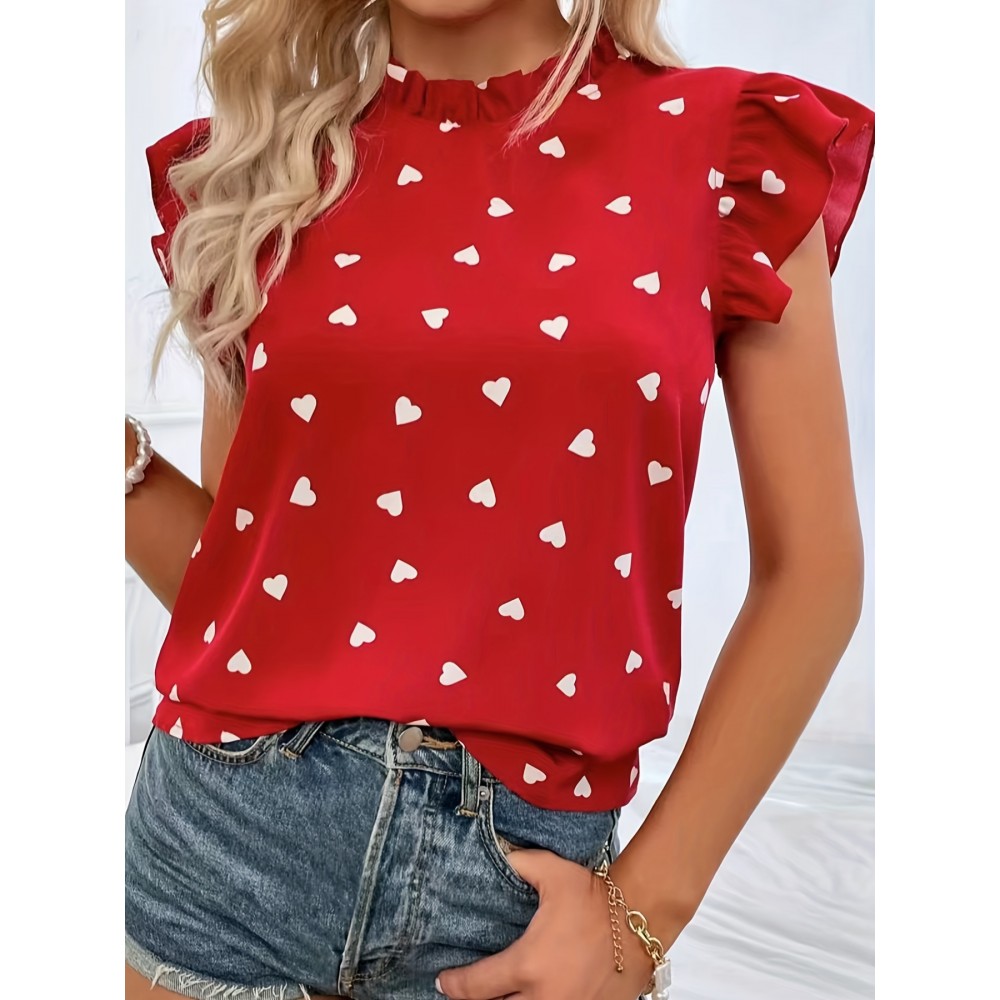 Heart Print Ruffle Trim Blouse, Casual Pleated Crew Neck Blouse For Spring & Summer, Women's Clothing Heart Print Ruffle Trim Blouse, Casual Pleated Crew Neck Blouse For Spring & Summer, Women's Clothing