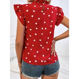 Heart Print Ruffle Trim Blouse, Casual Pleated Crew Neck Blouse For Spring & Summer, Women's Clothing Heart Print Ruffle Trim Blouse, Casual Pleated Crew Neck Blouse For Spring & Summer, Women's Clothing