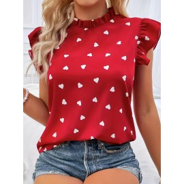 Heart Print Ruffle Trim Blouse, Casual Pleated Crew Neck Blouse For Spring & Summer, Women's Clothing Heart Print Ruffle Trim Blouse, Casual Pleated Crew Neck Blouse For Spring & Summer, Women's Clothing