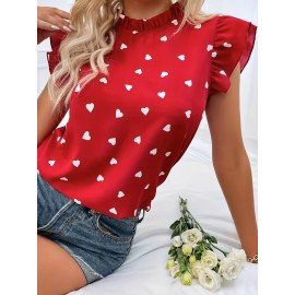 Heart Print Ruffle Trim Blouse, Casual Pleated Crew Neck Blouse For Spring & Summer, Women's Clothing Heart Print Ruffle Trim Blouse, Casual Pleated Crew Neck Blouse For Spring & Summer, Women's Clothing
