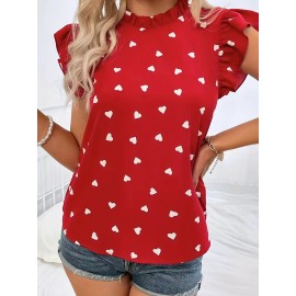Heart Print Ruffle Trim Blouse, Casual Pleated Crew Neck Blouse For Spring & Summer, Women's Clothing Heart Print Ruffle Trim Blouse, Casual Pleated Crew Neck Blouse For Spring & Summer, Women's Clothing