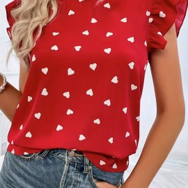 Heart Print Ruffle Trim Blouse, Casual Pleated Crew Neck Blouse For Spring & Summer, Women's Clothing Heart Print Ruffle Trim Blouse, Casual Pleated Crew Neck Blouse For Spring & Summer, Women's Clothing
