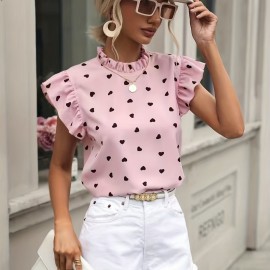 Heart Print Ruffle Trim Blouse, Casual Pleated Crew Neck Blouse For Spring & Summer, Women's Clothing Heart Print Ruffle Trim Blouse, Casual Pleated Crew Neck Blouse For Spring & Summer, Women's Clothing
