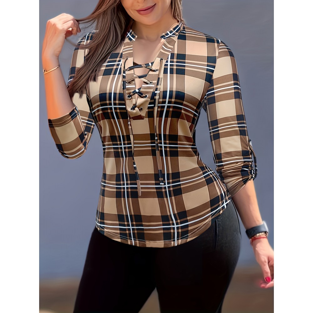 Plaid Print Tie Front Blouse, Casual Long Sleeve Blouse For Spring & Fall, Women's Clothing Plaid Print Tie Front Blouse, Casual Long Sleeve Blouse For Spring & Fall, Women's Clothing