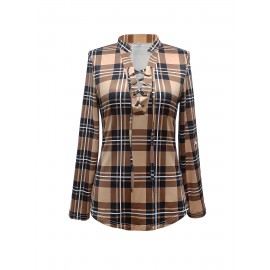 Plaid Print Tie Front Blouse, Casual Long Sleeve Blouse For Spring & Fall, Women's Clothing Plaid Print Tie Front Blouse, Casual Long Sleeve Blouse For Spring & Fall, Women's Clothing