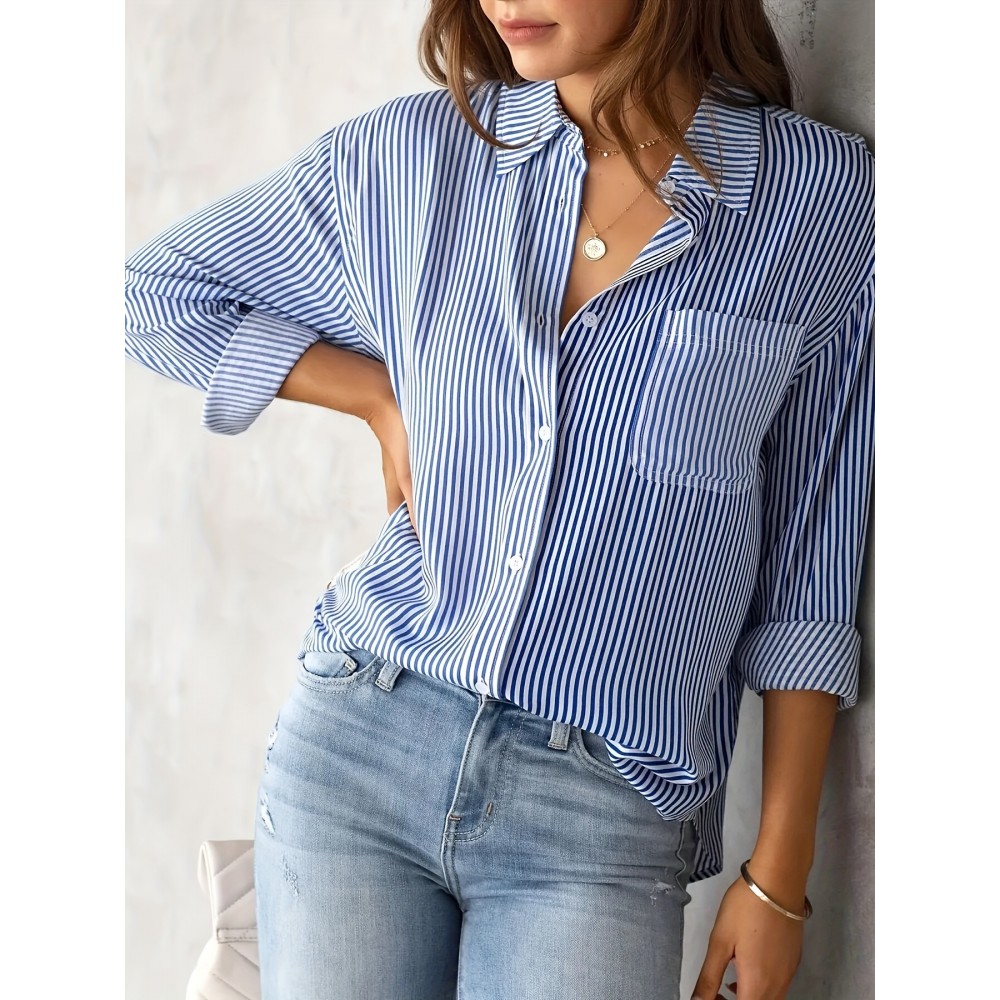 Striped Print Button Front Shirt, Casual Long Sleeve Shirt With Pocket, Women's Clothing Striped Print Button Front Shirt, Casual Long Sleeve Shirt With Pocket, Women's Clothing