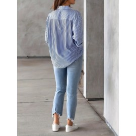Striped Print Button Front Shirt, Casual Long Sleeve Shirt With Pocket, Women's Clothing Striped Print Button Front Shirt, Casual Long Sleeve Shirt With Pocket, Women's Clothing