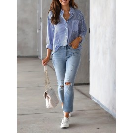 Striped Print Button Front Shirt, Casual Long Sleeve Shirt With Pocket, Women's Clothing Striped Print Button Front Shirt, Casual Long Sleeve Shirt With Pocket, Women's Clothing