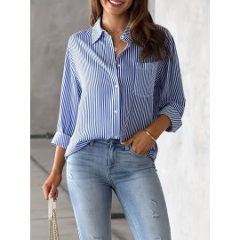 Striped Print Button Front Shirt, Casual Long Sleeve Shirt With Pocket, Women's Clothing Striped Print Button Front Shirt, Casual Long Sleeve Shirt With Pocket, Women's Clothing