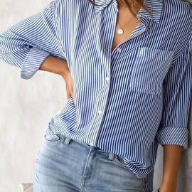 Striped Print Button Front Shirt, Casual Long Sleeve Shirt With Pocket, Women's Clothing Striped Print Button Front Shirt, Casual Long Sleeve Shirt With Pocket, Women's Clothing