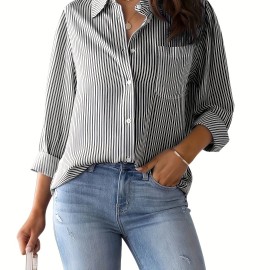 Striped Print Button Front Shirt, Casual Long Sleeve Shirt With Pocket, Women's Clothing Striped Print Button Front Shirt, Casual Long Sleeve Shirt With Pocket, Women's Clothing