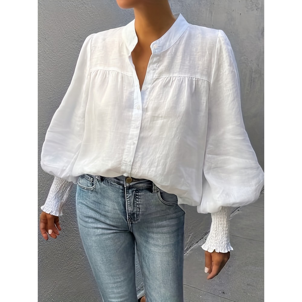 Lantern Sleeve Shirred Blouse, Casual Button Front Solid Blouse, Women's Clothing Lantern Sleeve Shirred Blouse, Casual Button Front Solid Blouse, Women's Clothing