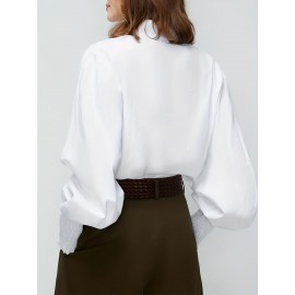 Lantern Sleeve Shirred Blouse, Casual Button Front Solid Blouse, Women's Clothing Lantern Sleeve Shirred Blouse, Casual Button Front Solid Blouse, Women's Clothing
