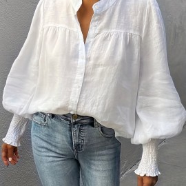 Lantern Sleeve Shirred Blouse, Casual Button Front Solid Blouse, Women's Clothing Lantern Sleeve Shirred Blouse, Casual Button Front Solid Blouse, Women's Clothing