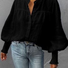 Lantern Sleeve Shirred Blouse, Casual Button Front Solid Blouse, Women's Clothing Lantern Sleeve Shirred Blouse, Casual Button Front Solid Blouse, Women's Clothing