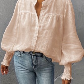 Lantern Sleeve Shirred Blouse, Casual Button Front Solid Blouse, Women's Clothing Lantern Sleeve Shirred Blouse, Casual Button Front Solid Blouse, Women's Clothing