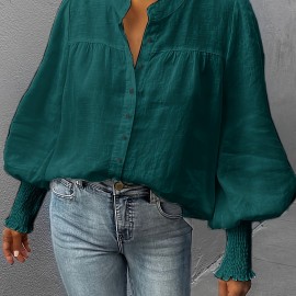 Lantern Sleeve Shirred Blouse, Casual Button Front Solid Blouse, Women's Clothing Lantern Sleeve Shirred Blouse, Casual Button Front Solid Blouse, Women's Clothing
