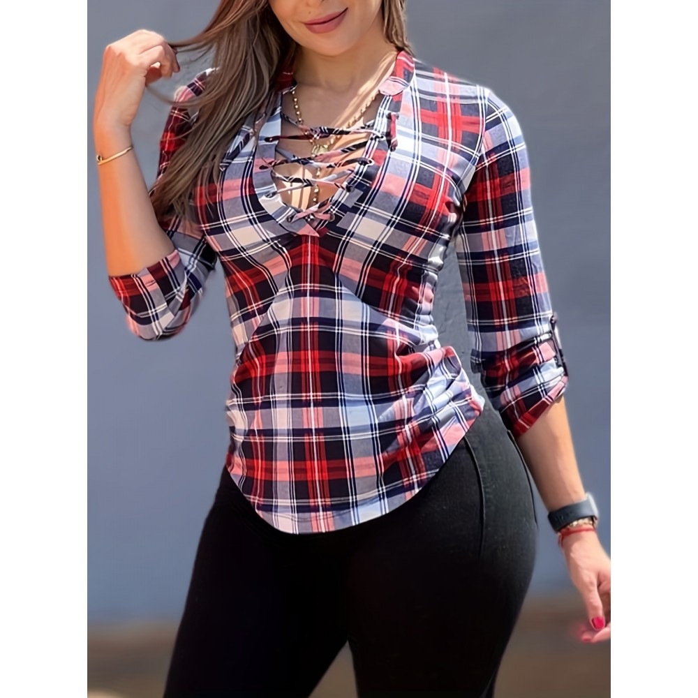 Plaid Print Drawstring Blouse, Casual Long Sleeve V Neck Blouse, Women's Clothing Plaid Print Drawstring Blouse, Casual Long Sleeve V Neck Blouse, Women's Clothing