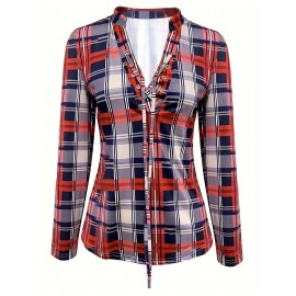 Plaid Print Drawstring Blouse, Casual Long Sleeve V Neck Blouse, Women's Clothing Plaid Print Drawstring Blouse, Casual Long Sleeve V Neck Blouse, Women's Clothing
