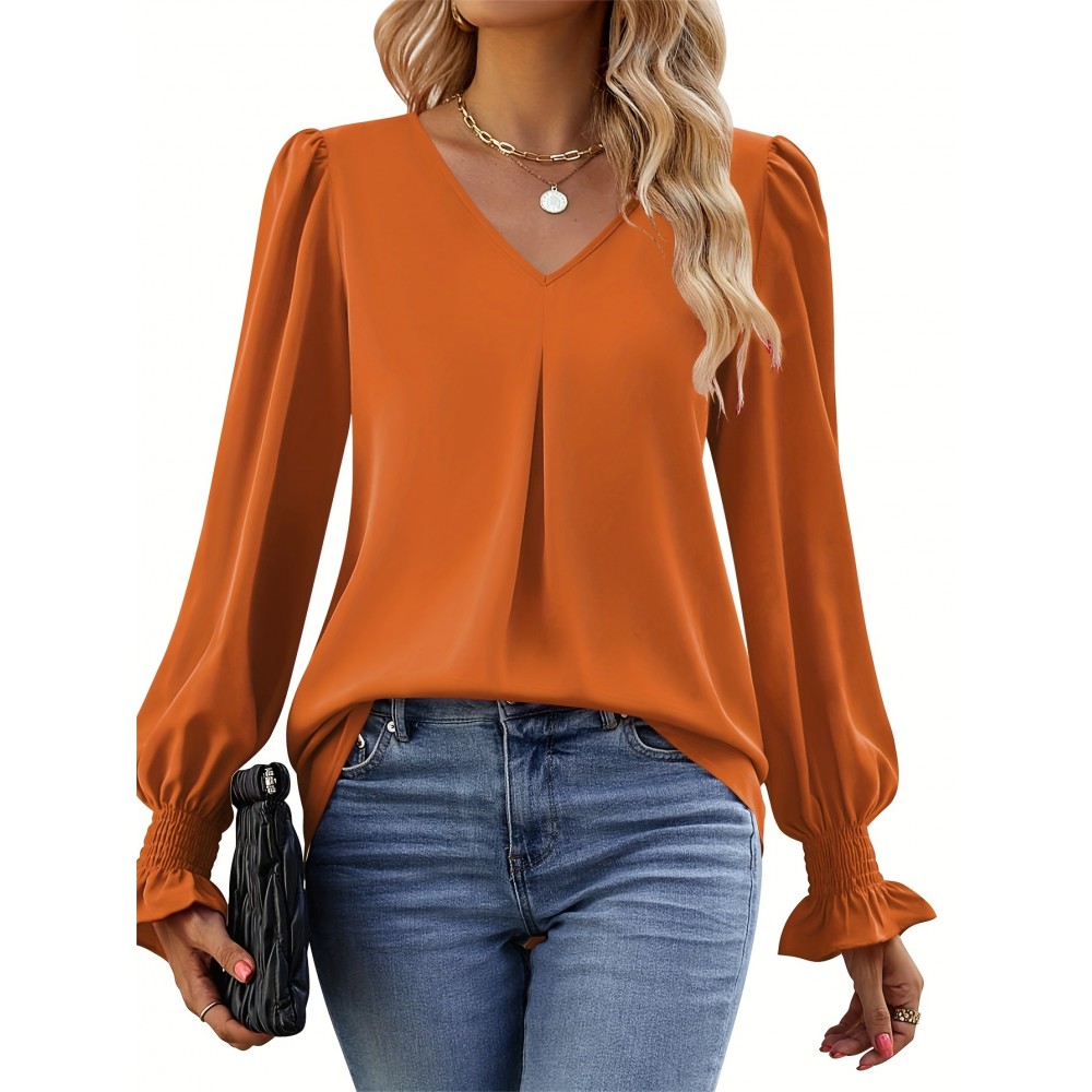 Solid V Neck Simple Blouse, Elegant Long Sleeve Ruched Blouse, Women's Clothing Solid V Neck Simple Blouse, Elegant Long Sleeve Ruched Blouse, Women's Clothing