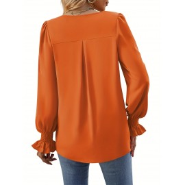 Solid V Neck Simple Blouse, Elegant Long Sleeve Ruched Blouse, Women's Clothing Solid V Neck Simple Blouse, Elegant Long Sleeve Ruched Blouse, Women's Clothing