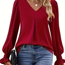 Solid V Neck Simple Blouse, Elegant Long Sleeve Ruched Blouse, Women's Clothing Solid V Neck Simple Blouse, Elegant Long Sleeve Ruched Blouse, Women's Clothing