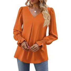 Solid V Neck Simple Blouse, Elegant Long Sleeve Ruched Blouse, Women's Clothing Solid V Neck Simple Blouse, Elegant Long Sleeve Ruched Blouse, Women's Clothing