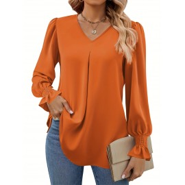 Solid V Neck Simple Blouse, Elegant Long Sleeve Ruched Blouse, Women's Clothing Solid V Neck Simple Blouse, Elegant Long Sleeve Ruched Blouse, Women's Clothing