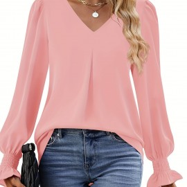 Solid V Neck Simple Blouse, Elegant Long Sleeve Ruched Blouse, Women's Clothing Solid V Neck Simple Blouse, Elegant Long Sleeve Ruched Blouse, Women's Clothing