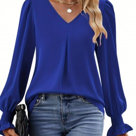 Solid V Neck Simple Blouse, Elegant Long Sleeve Ruched Blouse, Women's Clothing Solid V Neck Simple Blouse, Elegant Long Sleeve Ruched Blouse, Women's Clothing