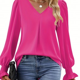 Solid V Neck Simple Blouse, Elegant Long Sleeve Ruched Blouse, Women's Clothing Solid V Neck Simple Blouse, Elegant Long Sleeve Ruched Blouse, Women's Clothing
