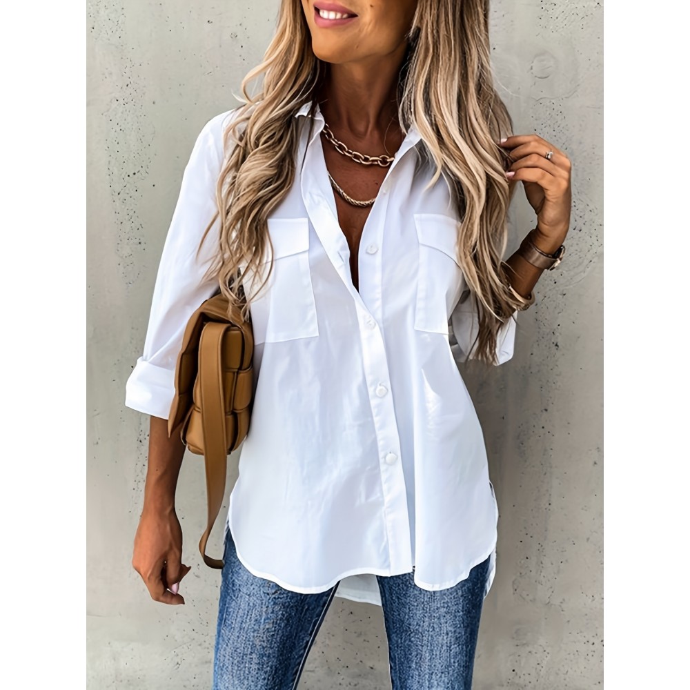 Button Front Long Sleeve Shirt, Casual Solid Office Shirt With Collar, Women's Clothing Button Front Long Sleeve Shirt, Casual Solid Office Shirt With Collar, Women's Clothing