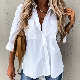 Button Front Long Sleeve Shirt, Casual Solid Office Shirt With Collar, Women's Clothing Button Front Long Sleeve Shirt, Casual Solid Office Shirt With Collar, Women's Clothing