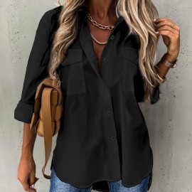 Button Front Long Sleeve Shirt, Casual Solid Office Shirt With Collar, Women's Clothing Button Front Long Sleeve Shirt, Casual Solid Office Shirt With Collar, Women's Clothing