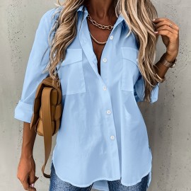 Button Front Long Sleeve Shirt, Casual Solid Office Shirt With Collar, Women's Clothing Button Front Long Sleeve Shirt, Casual Solid Office Shirt With Collar, Women's Clothing