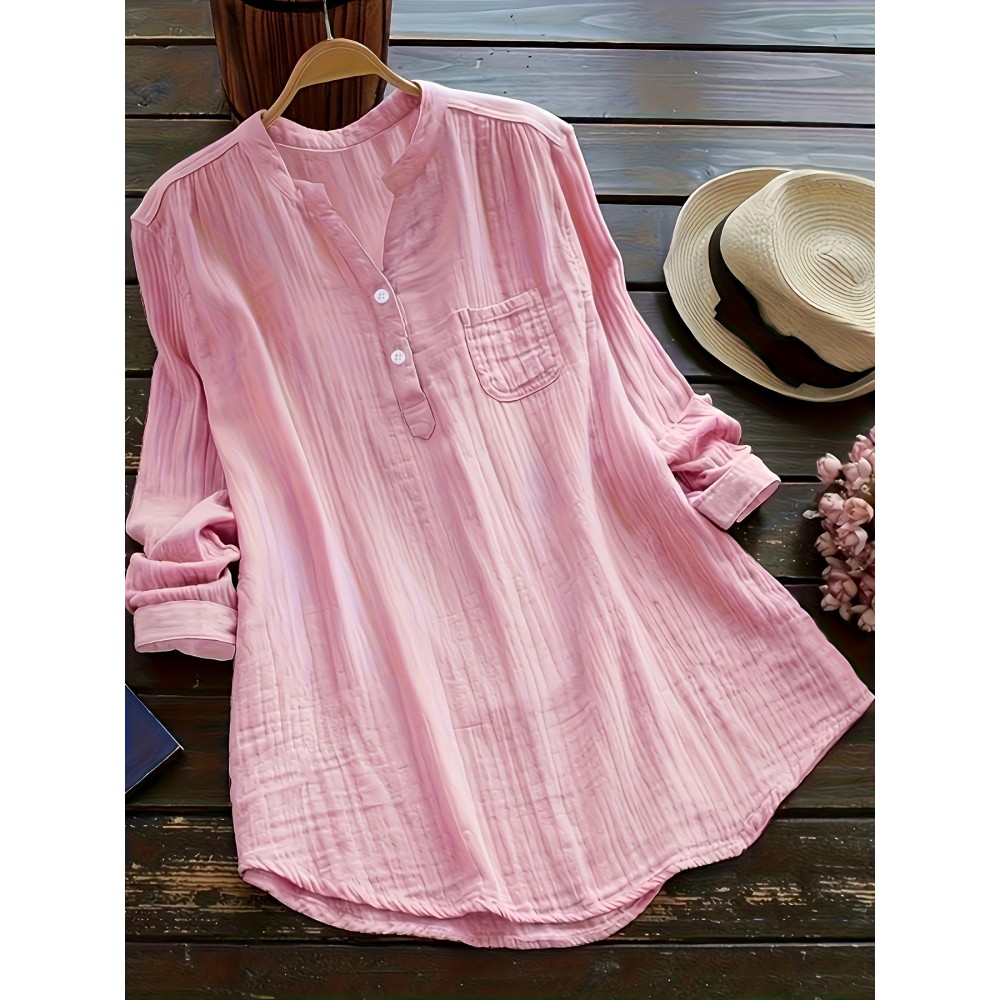Solid Button Front Blouse, Casual V Neck Long Sleeve Blouse, Women's Clothing Solid Button Front Blouse, Casual V Neck Long Sleeve Blouse, Women's Clothing