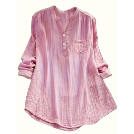 Solid Button Front Blouse, Casual V Neck Long Sleeve Blouse, Women's Clothing Solid Button Front Blouse, Casual V Neck Long Sleeve Blouse, Women's Clothing