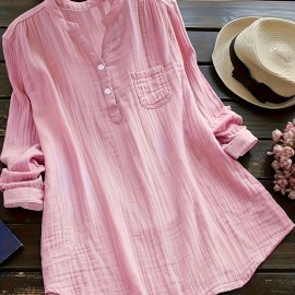 Solid Button Front Blouse, Casual V Neck Long Sleeve Blouse, Women's Clothing Solid Button Front Blouse, Casual V Neck Long Sleeve Blouse, Women's Clothing
