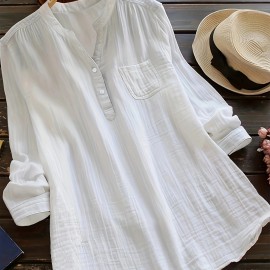 Solid Button Front Blouse, Casual V Neck Long Sleeve Blouse, Women's Clothing Solid Button Front Blouse, Casual V Neck Long Sleeve Blouse, Women's Clothing