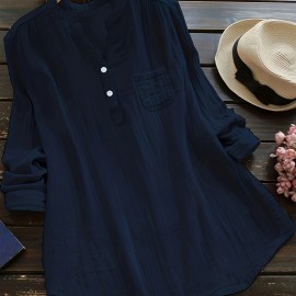 Solid Button Front Blouse, Casual V Neck Long Sleeve Blouse, Women's Clothing Solid Button Front Blouse, Casual V Neck Long Sleeve Blouse, Women's Clothing